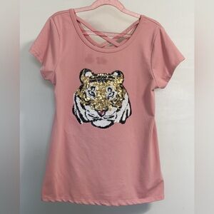 bTween Girls Sequin Tiger Graphic Top Size 12 Pink Crisscross Neck Tee Playtime